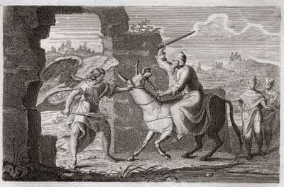 Bibel von Royaumont, Altes Testament: Bileam. Der falsche Prophet Bileam segnet das Volk Gottes, obwohl König Balak ihn geschickt hatte, es zu verfluchen. Sein Esel spricht zu ihm, um sich darüber zu beschweren, dass er ihn schlägt, weil er stehen gebliebe von Unknown artist