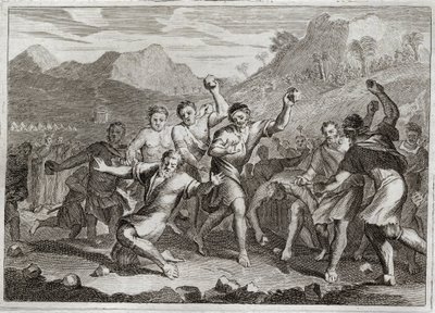 Bibel von Royaumont, Altes Testament: Gotteslästerer gesteinigt. Gott lässt einen Gotteslästerer und einen anderen, der den heiligen Sabbat verletzt hat, indem er einige Halme auf dem Feld sammelte, steinigen. Illustration von 1811. von Unknown artist