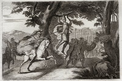 Bibel von Royaumont, Altes Testament: Tod von Absalom. Absalom (oder Avshalom, Absalom), der aus der Schlacht flieht, wird von seinen Haaren an einer Eiche gefangen, oder Joab durchbohrt ihm das Herz mit drei Pfeilen. Illustration von 1811. von Unknown artist