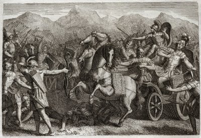 Royaumont-Bibel, Altes Testament: Tod von Ahab. Ahab (Achab) führt Krieg gegen Syrien und wird von einem zufälligen Pfeil getötet. Illustration von 1811 von Unknown artist