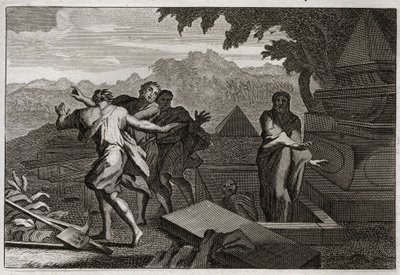 Bibel von Royaumont, Altes Testament: Auferstehung eines Toten. Ein Toter wurde zufällig in das Grab von Elisa geworfen und erweckte zum Leben, als er seine Knochen berührte. Illustration von 1811. von Unknown artist