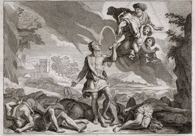 Bibel von Royaumont, Altes Testament: Die Niederlage der Philister. Samson tötet tausend Philister mit einem Eselskinnbacken. Gott lässt Wasser aus dem Kinnbacken fließen, damit Samson seinen Durst stillen kann. Illustration von 1811. von Unknown artist