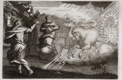 Bibel von Royaumont, Altes Testament: Elia wird in den Himmel entrückt. Elia wird in einem Feuerwagen in den Himmel entrückt, in Anwesenheit seines Jüngers. Elisa erhält von ihm seinen doppelten Geist: er teilt das Wasser des Jordan mit Elias Mantel. Illus von Unknown artist