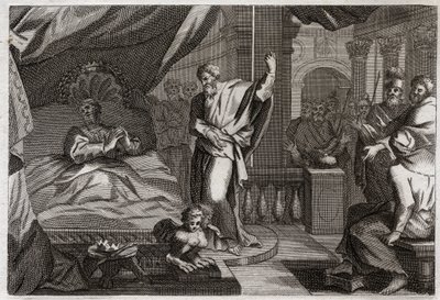 Bibel von Royaumont, Altes Testament: Ezechias erhält Gesundheit. König Ezechias war todkrank, erhielt Gesundheit und weitere fünfzehn Jahre Leben. Der Prophet Jesaja kündigt seinen Krieg an: das Zeichen wird sein, den Schatten der Uhr um zehn Grad zurückz von Unknown artist