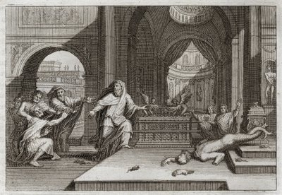 Royaumont-Bibel, Altes Testament: Idol von Dagon. Und als die Philister die Bundeslade in den Tempel neben Dagon, ihren Gott, stellten, brachte sie ihr Idol zu Fall und schlug sie alle mit einer sehr schweren Plage, die sie zwang, sie wegzuschicken. Illus von Unknown artist