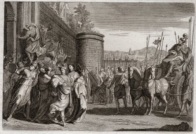 Bibel von Royaumont, Altes Testament: Jephta opfert seine Tochter. Jephta, einer der Richter Israels, gelobte, Gott die erste Person zu opfern, die ihm nach seinem Sieg gegen die Ammoniter begegnen würde. Es war seine Tochter. Illustration von 1811. von Unknown artist
