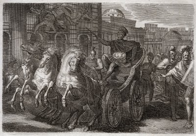Royaumont-Bibel, Altes Testament: Jezabel wird von Hunden gefressen. Jehu lässt Jezabel aus einem Fenster werfen, und sie wird von Hunden gefressen. Illustration von 1811. von Unknown artist