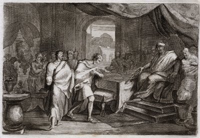 Bibel von Royaumont, Altes Testament: Joachim befreit aus den Ketten. Evilmerodach, König von Babylon, behandelt Joachim, den ehemaligen König von Juda, nach dem Tod von Nebukadnezar II. gut und befreit ihn aus den Ketten. Illustration von 1811. von Unknown artist