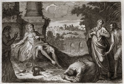Bibel von Royaumont, Altes Testament: Hiob auf dem Misthaufen. Der heilige Mann Hiob wird vom Dämon versucht, der ihm all sein Gut und alle seine Kinder nimmt, ihn mit einer schrecklichen Wunde schlägt und ihm nur seine Frau lässt, die ihn ungeduldig trägt von Unknown artist