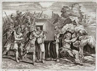 Royaumont-Bibel, Altes Testament: Durchquerung des Jordan. Josua bringt den Jordan zum gesamten Volk. Dieser Fluss trocknet aus, und die Priester, die die Bundeslade trugen, kamen hinein; und die Wasser stiegen auf und blieben wie ein Berg hängen. I von Unknown artist