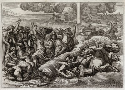 Bibel von Royaumont, Altes Testament: Der Pharao versinkt im Roten Meer. Der Durchzug durch das Rote Meer durch Moses und die Hebräer, wobei die Armee des Pharaos ertrinkt. Illustration von 1811. von Unknown artist