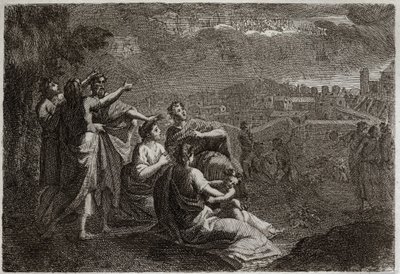 Royaumont-Bibel, Altes Testament: Prophezeiungen über Jerusalem. Gott hat Waffen in die Luft über Jerusalem gegeben, um ihr die Übel zuzufügen, die auf sie herabregnen sollten. Illustration von 1811. von Unknown artist