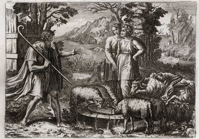 Royaumont-Bibel, Altes Testament: Rahel und Lea. Jakob dient Laban, seinem Onkel, um dessen Tochter Rahel zu heiraten. Illustration von 1811. von Unknown artist
