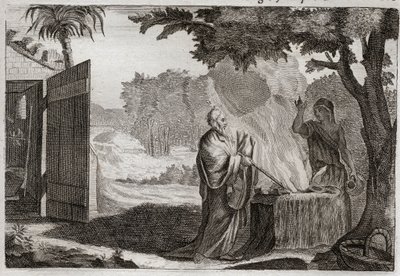 Bibel von Royaumont, Altes Testament: Opfer von Gedeon. Gedeon (Gideon) wird von Gott berufen, die Juden von ihren Feinden zu befreien. Er bringt ein Opfer auf einem Stein dar, aus dem ein Feuer hervorgeht, das es verzehrt. Illustration von 1811. von Unknown artist