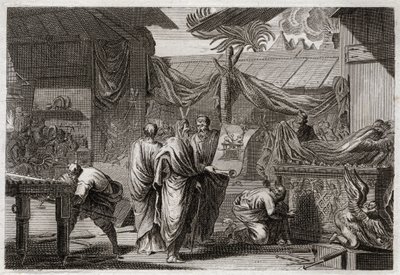 Bibel von Royaumont, Altes Testament: Das Tabernakel. Moses errichtet das Tabernakel nach dem Befehl, den er von Gott erhalten hatte. Illustration von 1811. von Unknown artist