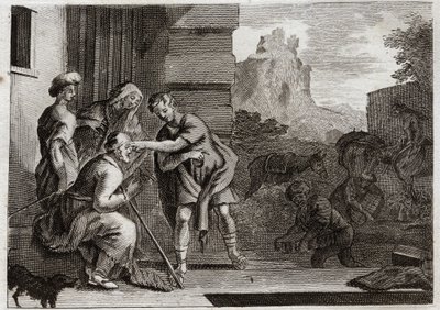 Bibel von Royaumont, Altes Testament: Tobit erlangt das Augenlicht zurück. Der junge Tobit gibt seinem Vater das Augenlicht zurück, indem er ihm die Galle des Fisches, den er auf Anraten des Erzengels Raphael gefangen hat, über die Augen streicht. Der Enge von Unknown artist