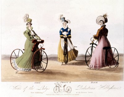 Fahrrad für Frauen von vorne, Seite und hinten. Dies ist das Modell, das von Baron von Drais erfunden wurde: die Draisine. Es war aus Holz und hatte noch keine Pedale. Farblithografie von 1819 von Unknown artist