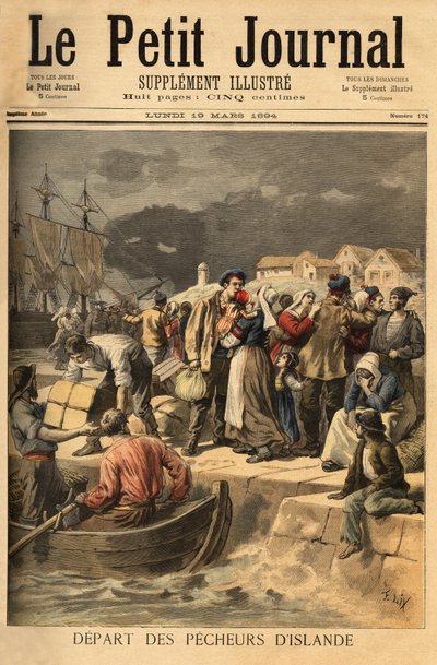 Bretonische Seeleute verlassen Paimpol im Frühling, um Kabeljau an der Küste von Island oder Neufundland zu suchen. Gravur in „Le petit journal“ 19/03/1894. Sammlung Selva von Unknown artist