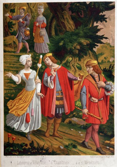 Bucolische Szene: Pflügen und Dorf, Magd und Spielleute von Unknown artist