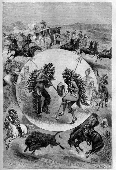 Buffalo Bills Show in Paris: Übungen, präsentiert von der Truppe von William Frederic Cody (1846-1917), bekannt als Buffalo Bill (Angriff auf eine Postkutsche, Sioux-Tanz, Büffeljagd). Gravur in „La Nature. Revue des sciences et de ses applications aux art von Unknown artist