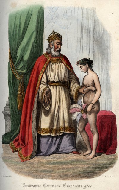 Byzantinischer Kaiser Andronikos I. Komnenos (oder Andronicus I. Comnenus) (ca. 1118-1185) und seine Frau Agnes von Frankreich (1171-1240), die gezwungen ist, nackt für seine Orgie zu erscheinen. Gravur von 1842 in „Histoire des popes“ von Maurice Lachatre von Unknown artist