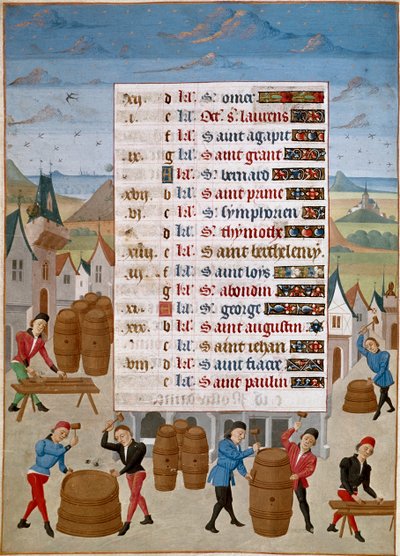 Kalender: August - Herstellung von Weinfässern - Miniatur von Meister Jean de Rolin (15. Jahrhundert) aus „Die Stunden von Adelaide von Savoyen, Herzogin von Burgund“ von Unknown artist