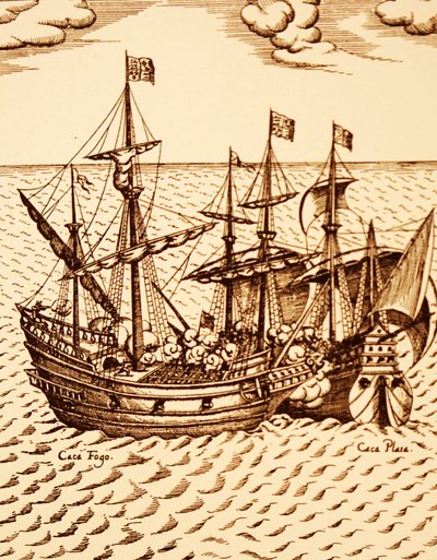 Eroberung der spanischen Galeone Cagafuego durch die Golden Hind unter der Führung von Francis Drake im März 1579 (Gravur) von Unknown artist