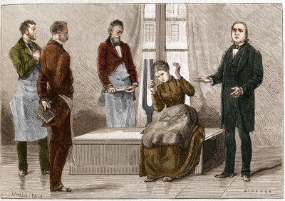 Katalepsie unter dem Einfluss von Klang (Stimmgabel). Der französische Neurologe Jean Martin Charcot (1825-1893) (rechts) demonstriert Hypnose an einem Patienten im Krankenhaus Salpêtrière. Illustration aus „Nature“ 1879 von Unknown artist