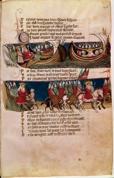 Karl der Große segelt auf einem Schiff und führt unten seine Armeen während seiner Eroberungen (Miniatur) von Unknown artist