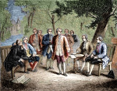 Charles de Secondat Montesquieu mit dem wissenschaftlichen Zirkel im Schloss Clairac, Frankreich - Der wissenschaftliche Zirkel des Schlosses Clairac: Montesquieu und der Baron de Secondat, sein Sohn, der Chevalier de Vivens, Romas und die Brüder Dutilh -  von Unknown artist