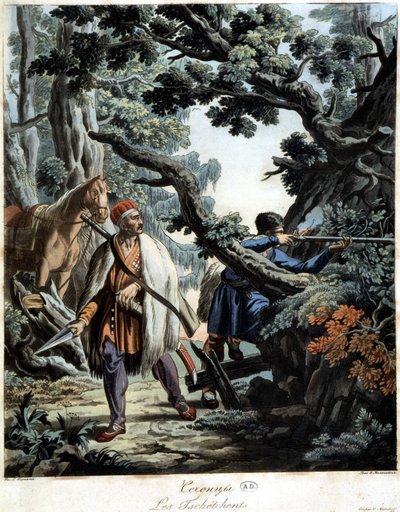 Tschetschenen im Hinterhalt in einem Kaukasuswald, Anfang 19. Jahrhundert von Unknown artist
