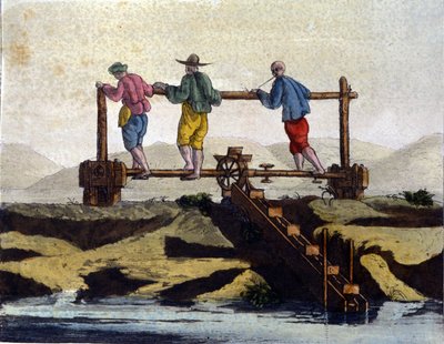China. Wassertransport in Reisplantagen von einem Niveau zum anderen - in „Das alte und moderne Kostüm“ von Jules Ferrario von Unknown artist
