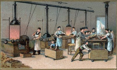 Schokoladenherstellung. Kakaorösterei. Chromolithographie aus dem späten 19. Jahrhundert. von Unknown artist