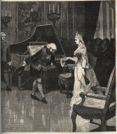 Christoph Willibald Gluck vor der Königin Marie-Antoinette in Trianon - Christoph Willibald Gluck (1714-1787), deutscher Komponist, spielt vor Königin Marie Antoinette in Trianon - Gravur in „Populäre Musik“ illustriertes Wochenblatt - 1882 von Unknown artist