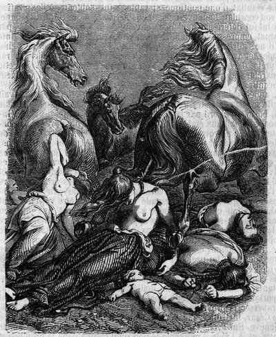 Cimbres-Krieg um 120 v. Chr.: Frauen, Älteste und Kinder des Ambronen-Stammes werfen sich unter feindliche Pferde oder sterben, um der Sklaverei durch die Römer zu entgehen. von Unknown artist
