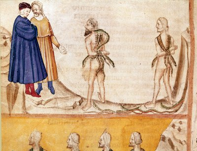 Kreis der Diebe: Vanni Fucci prophezeit Dante und Virgil die Niederlage der Weißen Guelfen. Illustrierte Seite aus dem 24. Gesang der Hölle aus der „Göttlichen Komödie“ von Dante Alighieri von Unknown artist
