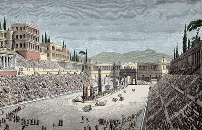 Circus Maximus - Der große Zirkus oder Circus Maximus in Rom, mit einem Wagenrennen - Farbige Gravur von Unknown artist