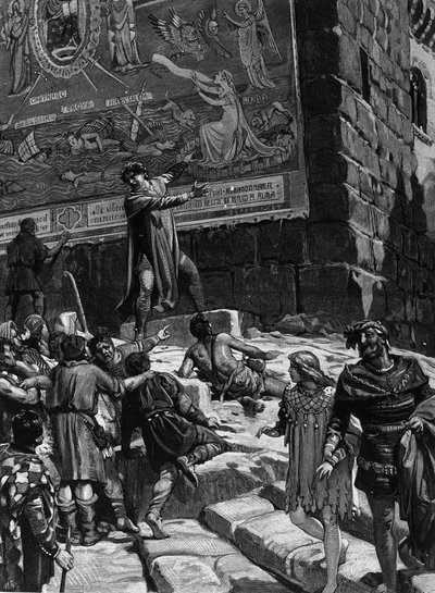Cola di Rienzo (1314-1354), in der Kampagne, um Tribun des römischen Volkes zu werden, erklärt dem Volk von Rom die Fresken, die er im Kapitol installiert hatte, die das Leiden Roms in einem entfesselten Meer umgeben von Troja, Jerusalem, Karthago und Ba von Unknown artist