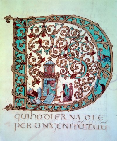 Sammlung von Ostern: große Initiale D verziert und illustriert (die Heiligen Frauen am Grab). Miniatur aus dem Manuskript „Sacramental of Drogon“ von Unknown artist