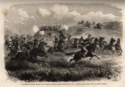 Colorado-Indianer greifen 1867 eine transkontinentale Postkutsche in der Wüste an. Gravur zur Illustration der Reise in den amerikanischen Wilden Westen, von M. L. Simonin, 1867, veröffentlicht in „Le tour du monde, nouveau journal des voyages“, herausgege von Unknown artist