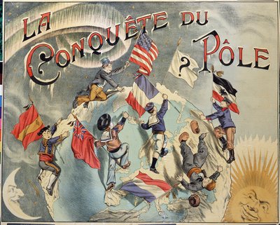 Eroberung des Pols: Darstellung der Rivalität zwischen verschiedenen Ländern um die Eroberung des Nordpols. Vertreter sind Spanien, die Vereinigten Staaten, England, Holland, Frankreich und Deutschland. Spätes 19. Jahrhundert von Unknown artist