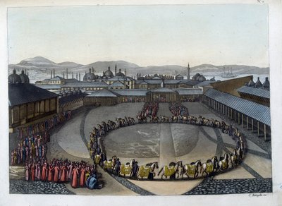 Konstantinopel: Tor des Glücks. Diese Tür gibt Zugang zum Inneren des Palastes, in dem der Sultan mit seiner Familie und den Damen seines Harems lebt. In „Das alte und moderne Kostüm“ von Unknown artist