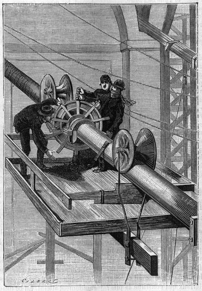Bau der Brooklyn Bridge in New York: Maschine zur Umwicklung der 19 Sekundärkabel mit Helix-Stahldraht zu einem einzigen Kabel. Gravur von 1883. von Unknown artist