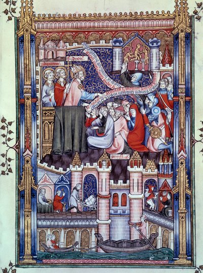 Bekehrung der Pariser: Auf einer Brücke in Paris, wo Goldschmiedeläden sind, zerbrechen Pariser Idole zu Gold. Miniatur aus dem Manuskript „Leben des Heiligen Denis“ von Yves, Mönch von Saint-Denis von Unknown artist