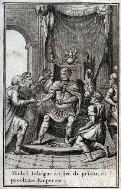 Krönung von Michael II. dem Amorianer (der Stotterer) (770-829) als byzantinischer Kaiser nach seiner Freilassung aus dem Gefängnis im Jahr 820. Er ist der Gründer der amorischen Dynastie. Gravur in „Beaute de l