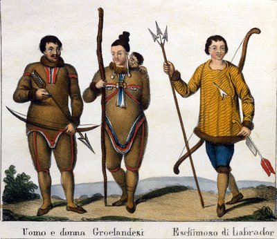 Kostüm. Links: Paar grönländischer Eskimos mit ihrem Kind. Rechts: Labrador-Eskimo. Lithographie Anfang des 19. Jahrhunderts von Unknown artist