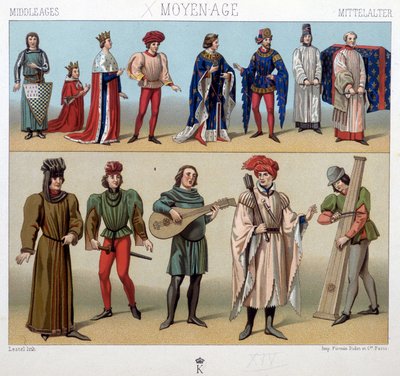 Kostüme und Musiker im Mittelalter vom 13. bis 15. Jahrhundert. In „The historical costume“ von A. Racquet von Unknown artist
