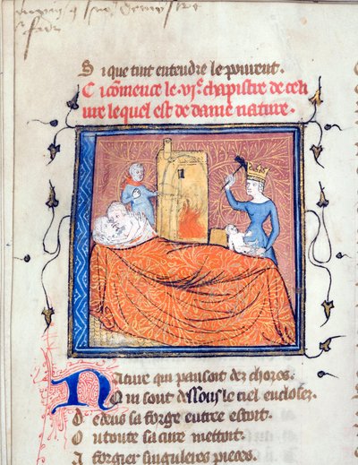 Paar im Bett, eine Königin tötet ein Kleinkind, und eine andere Person zündet ein Haus an, Seite aus dem Manuskript "Der Roman de la Rose" von Guillaume de Lorris (um 1200-1238) und Jean de Meun (1240-1305) um 1365, Universitätsbibliothek von Unknown artist