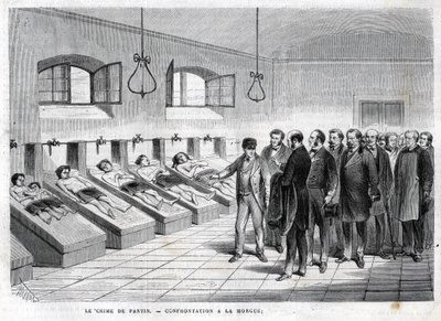 Verbrechen von Pantin im Oktober 1869. Konfrontation in der Leichenhalle. Gravur von 1869 von Unknown artist