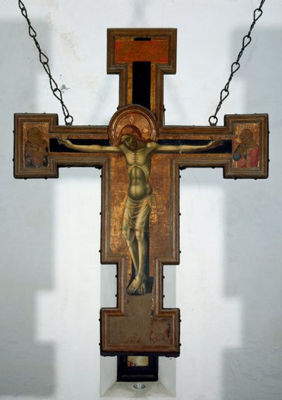 Kreuzigung. Anonyme Holzmalerei auf der Rückseite eines Kreuzes. 15. Jahrhundert Varazze, Cappella del Castello Invrea Italien von Unknown artist